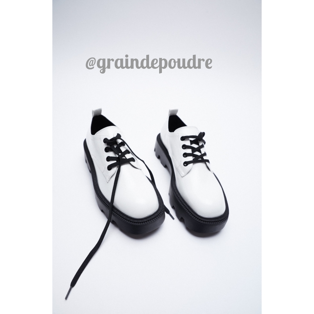 Rare! Zara White Vegan Leather Rugged Platform Heel Creeper Oxfords 38 7.5